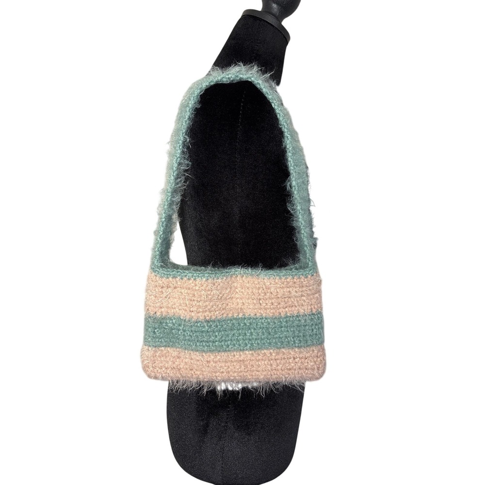 Handmade Crochet Fuzzy Shoulder Bag Eyelash Yarn Purse Lined Y2K Aqua Pink